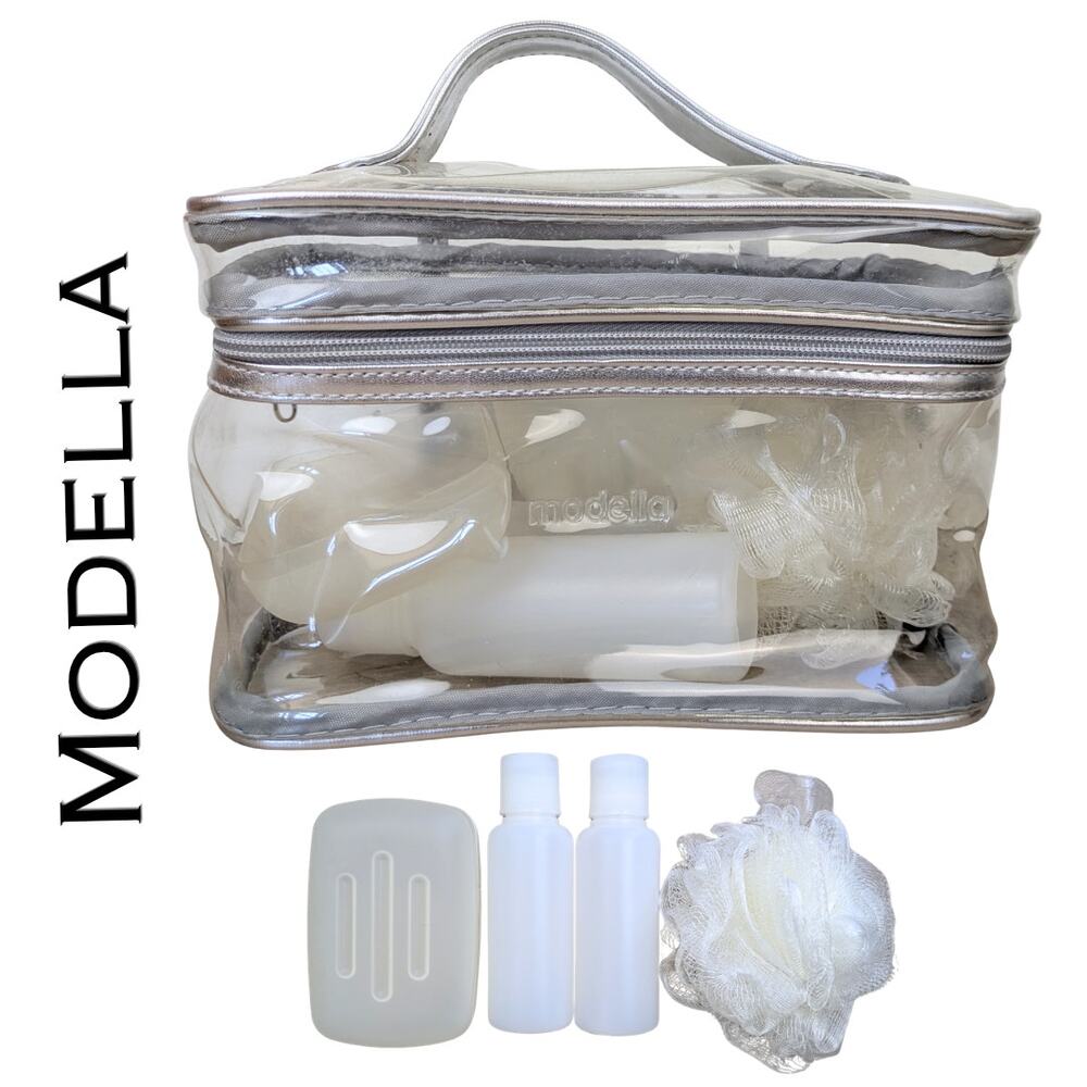Modella Clear Travel Cosmetic Case 5pc Set Double Zip Train Case Silver Unused
